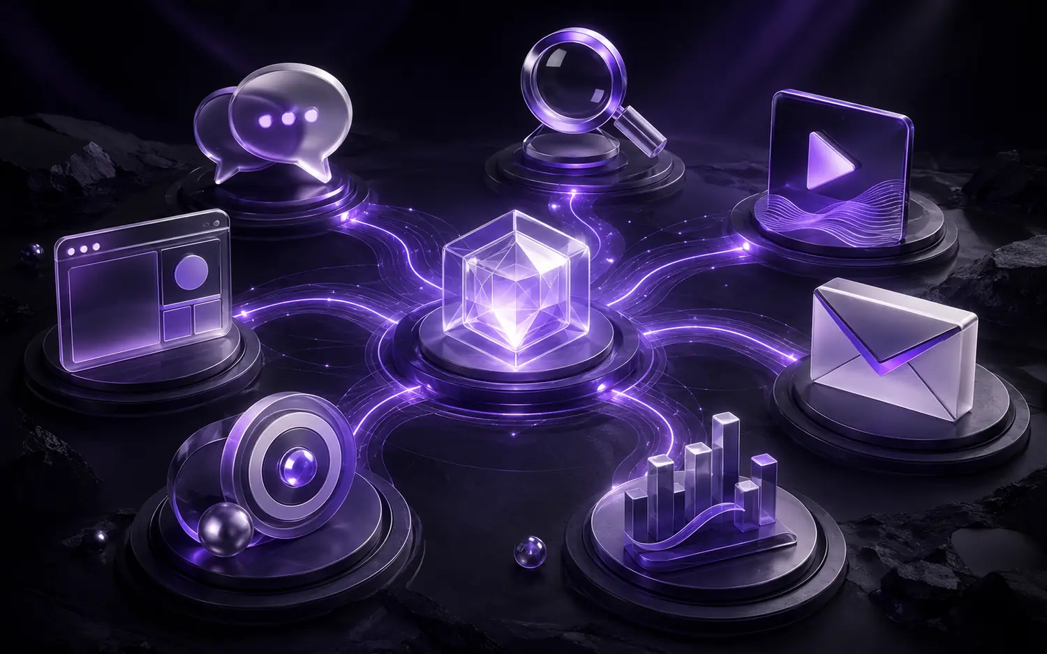 3D visual showing connected digital marketing channels